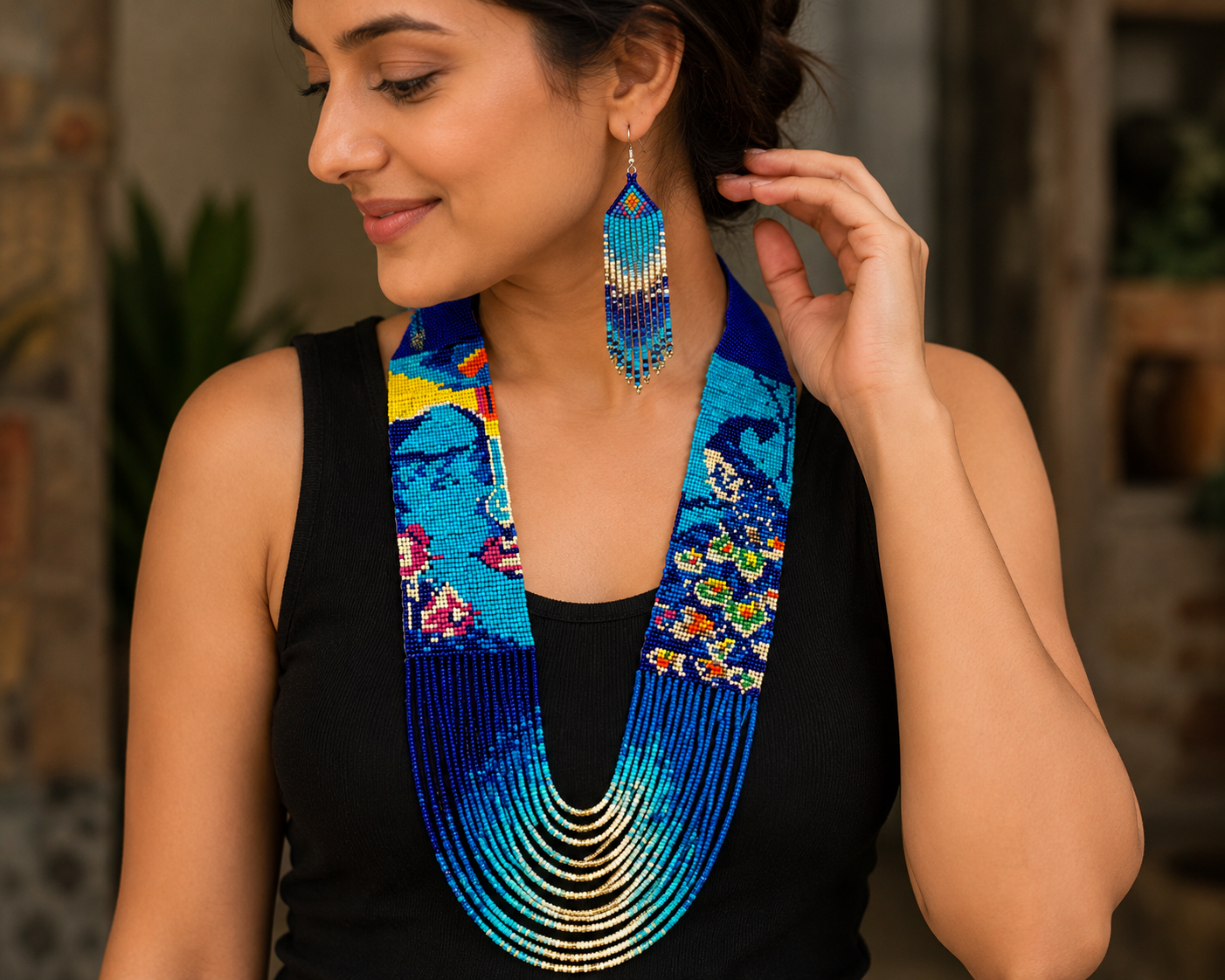 Handmade Beaded Krishna Necklace: Hindu Jewelry Set
