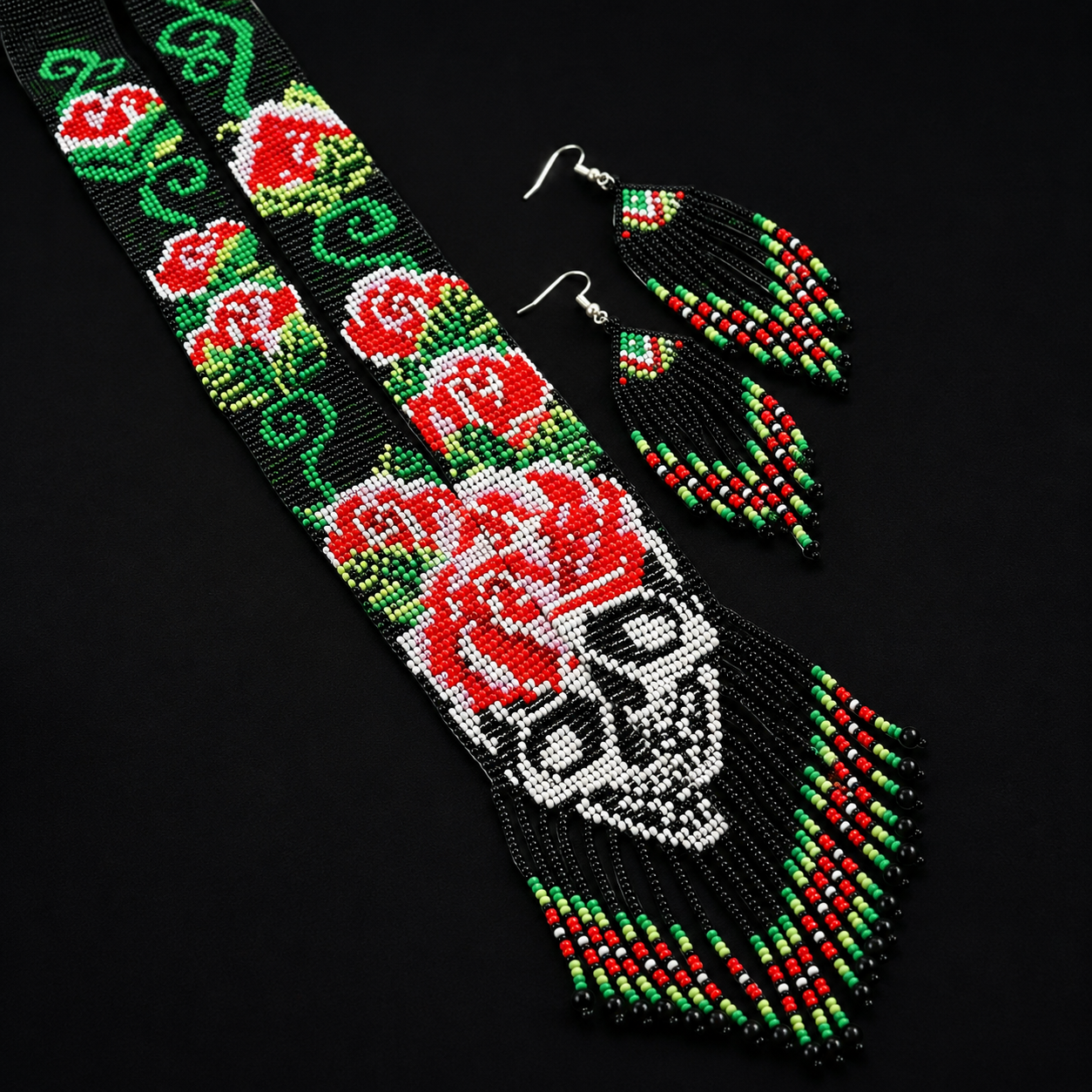 Handmade Rose Skull Beaded Necklace & Earrings Set