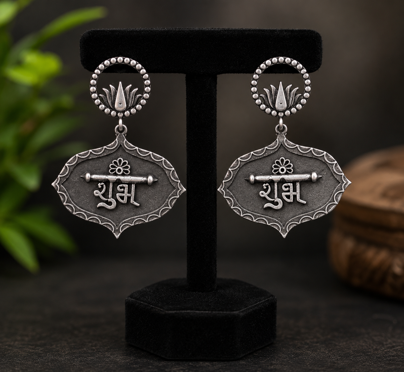 Silver Shubh Labh Earrings: Indian Bollywood Jewelry
