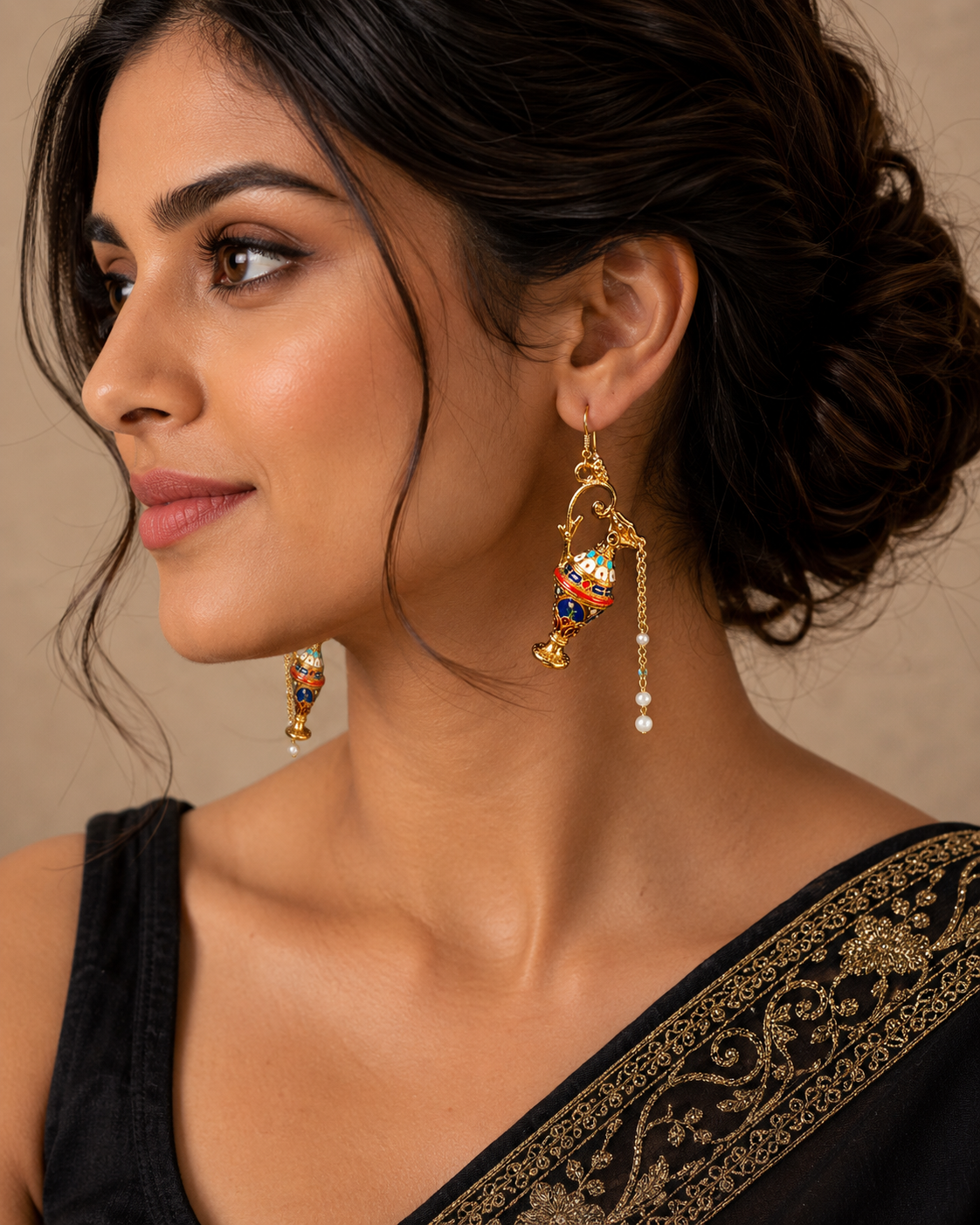 Aftaba Vintage-Style Enamel Pitcher Earrings with Seed Pearl Tassels