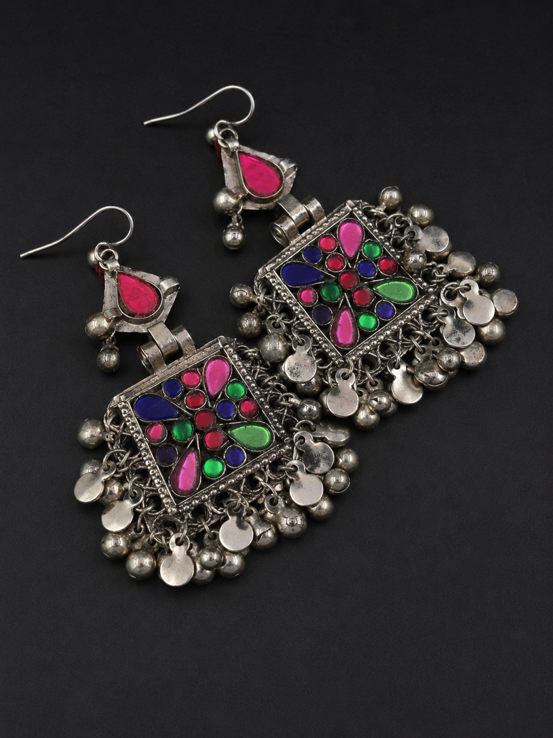 Vintage Kuchi Earrings: Afghan Jeweled Silver Tone Boho Earrings