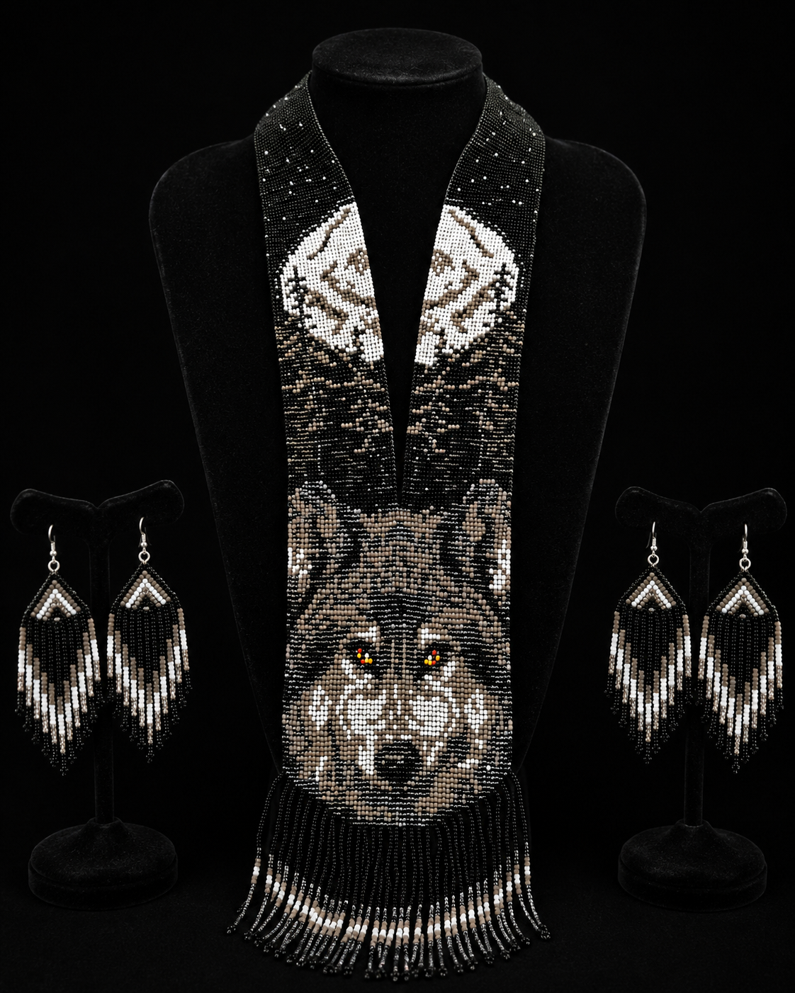 Handmade Beaded Wolf Necklace & Earrings: Boho Animal Lover Jewelry