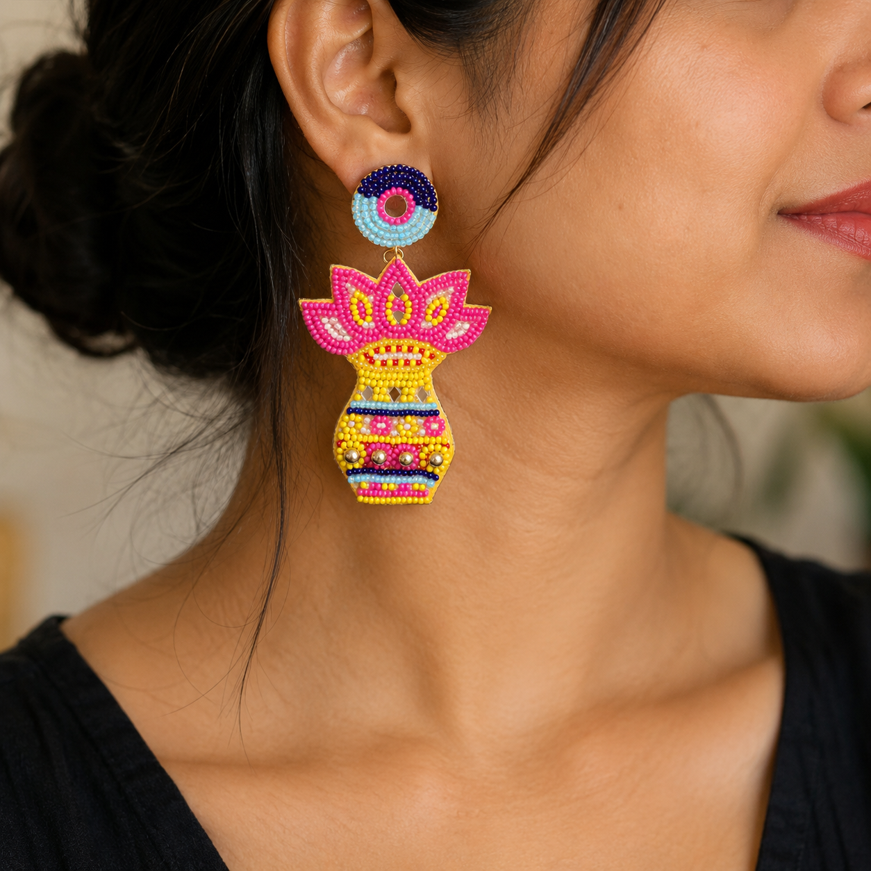 Colorful Beaded Flower Pot Earrings