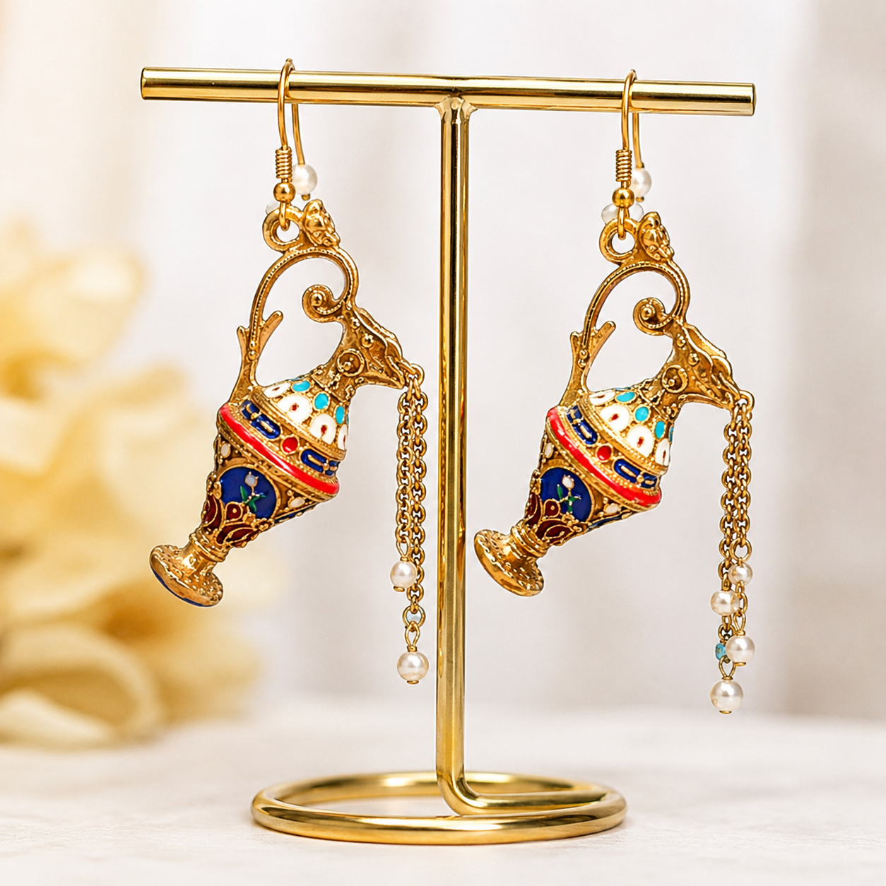 Aftaba Vintage-Style Enamel Pitcher Earrings with Seed Pearl Tassels