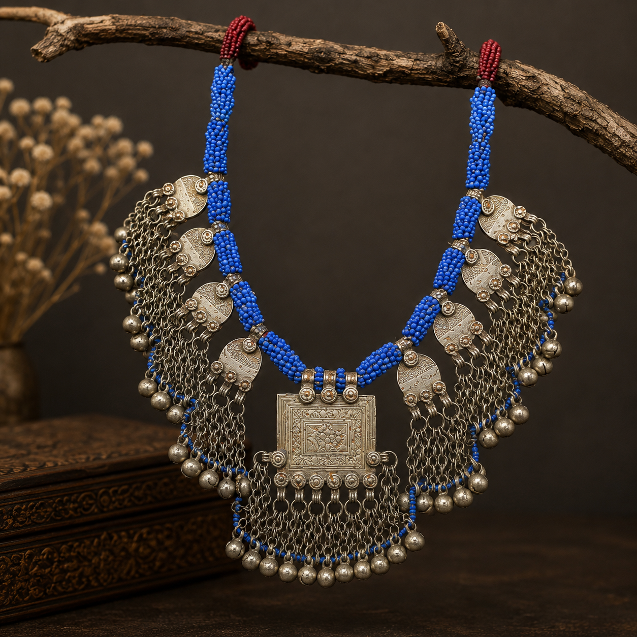 Vintage Kuchi Tribal Bib Necklace: Coin & Bell Statement