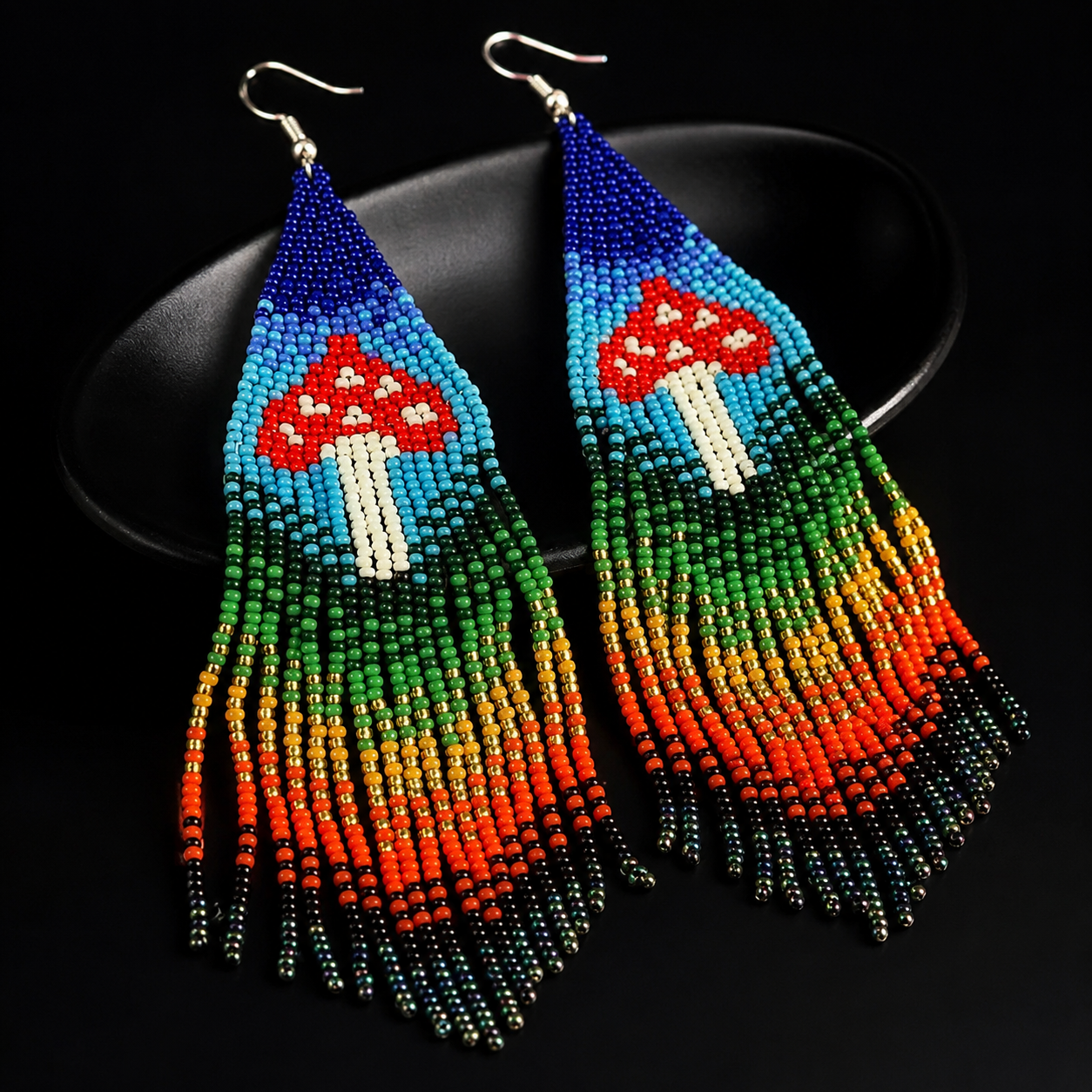 Beaded Mushroom Fringe Earrings: Toadstool Dangle Earrings