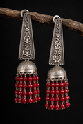 Oxidized Jhumki Earrings: Silver Look, Red Bead Tassels