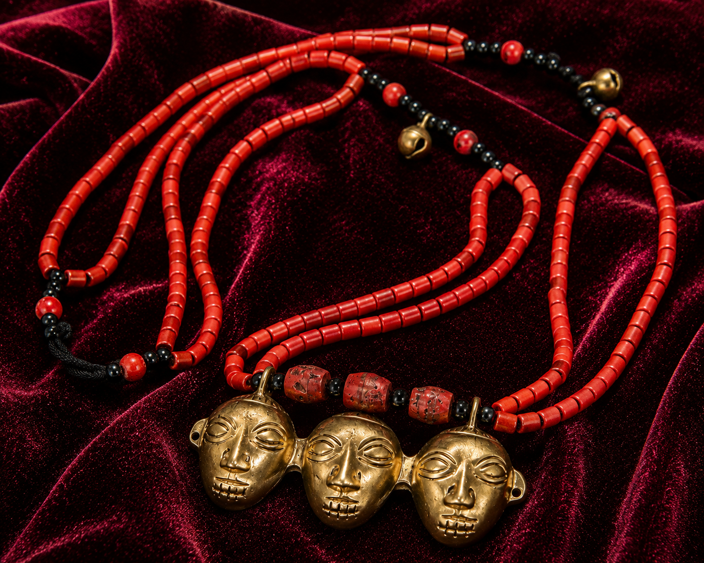 Handmade Tribal Brass Face Pendant Necklace | Red Beaded Ethnic Boho Statement Necklace for Women