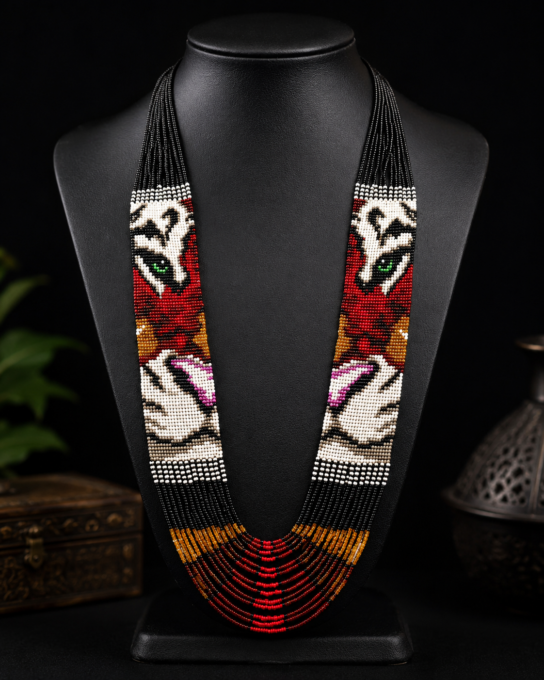 Handmade Lion Beaded Necklace: Ethnic Woven Seed Bead Pendant