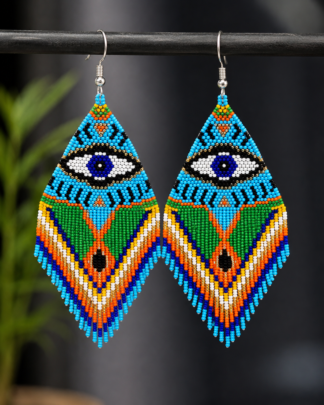 Handmade Evil Eye Seed Bead Earrings: Long Fringe Dangle Jewelry