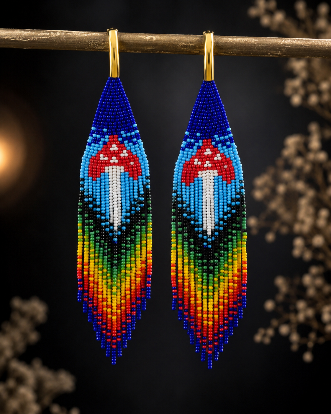 Beaded Mushroom Fringe Earrings: Toadstool Dangle Earrings