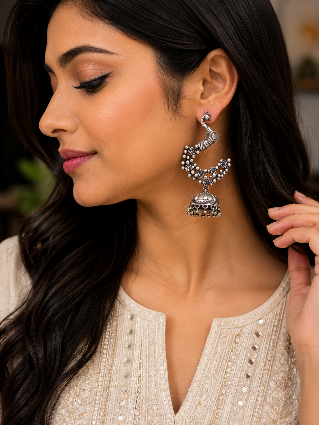 Peacock Jhumka Earrings with Ear Chains: German Silver Ethnic Jewelry