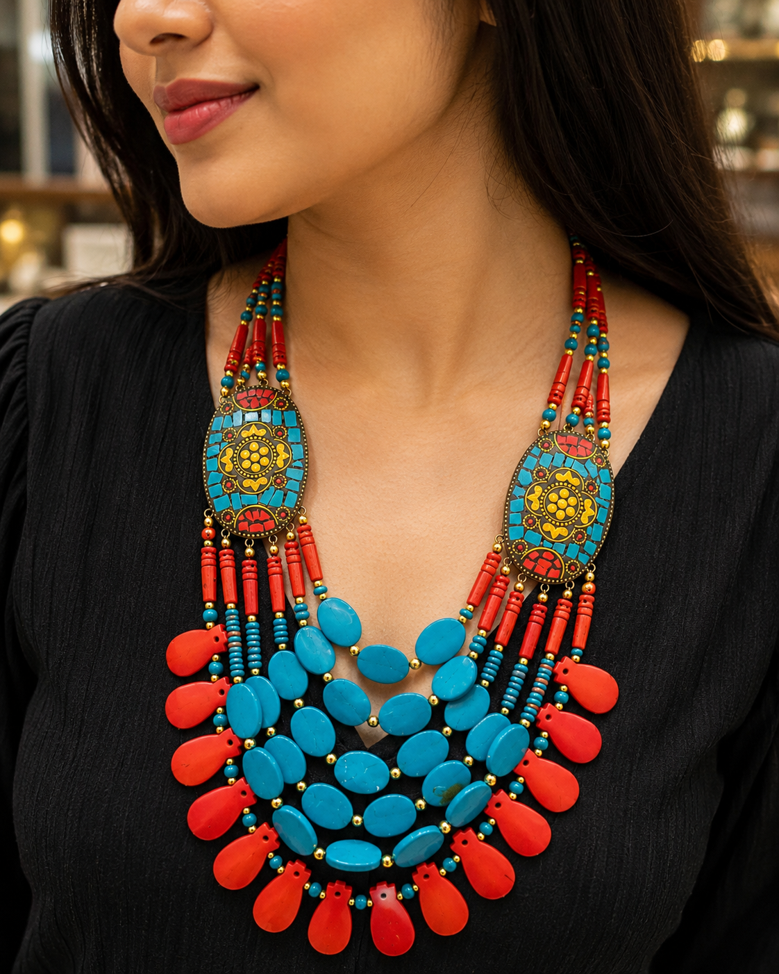 Nepalese Turquoise Coral Necklace: Boho Ethnic Jewelry