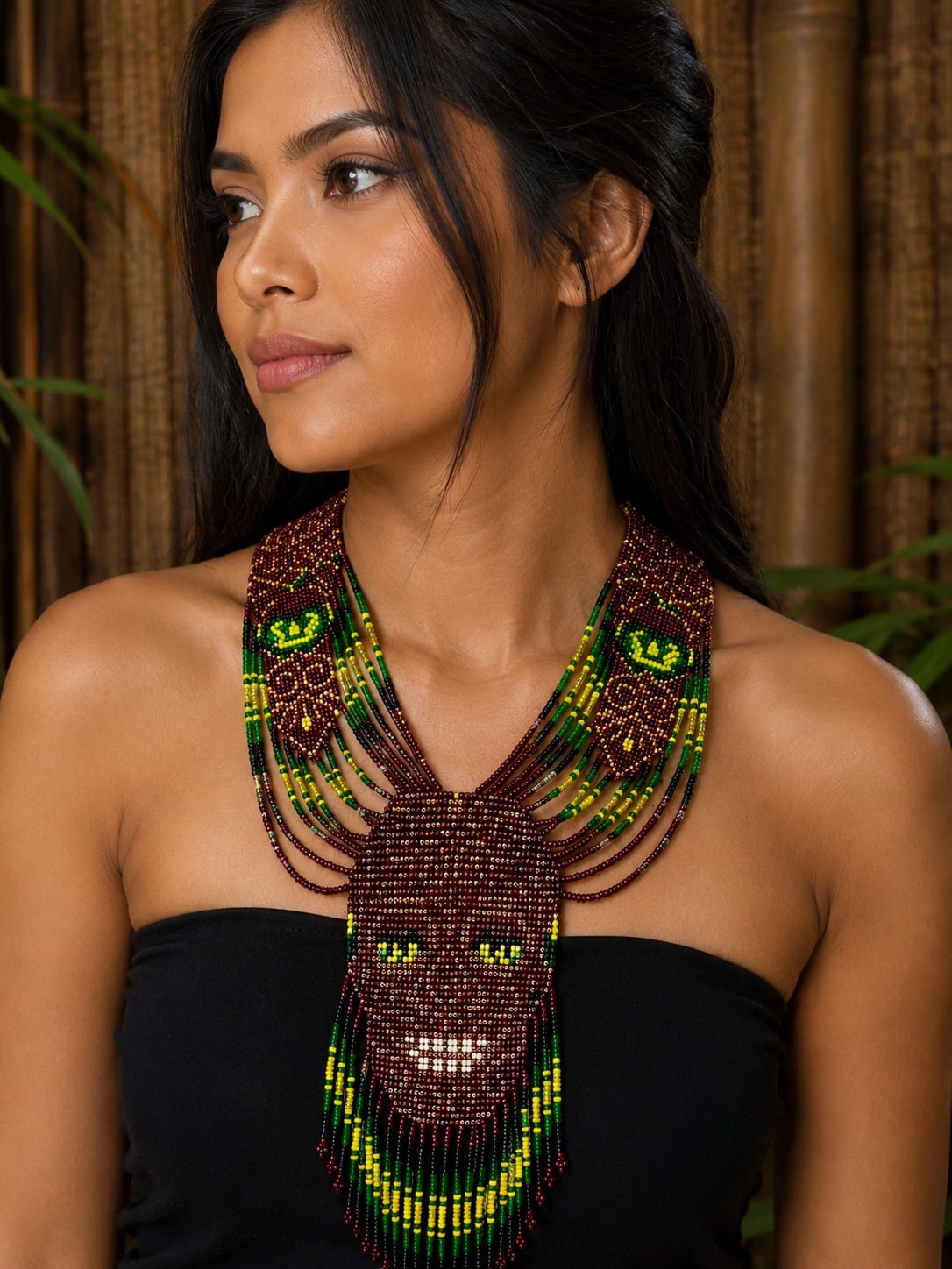 Handmade Tribal Beaded Face Necklace – Ethnic Statement Seed Bead Necklace | Boho Festival Jewelry | Artisan Handmade Gift