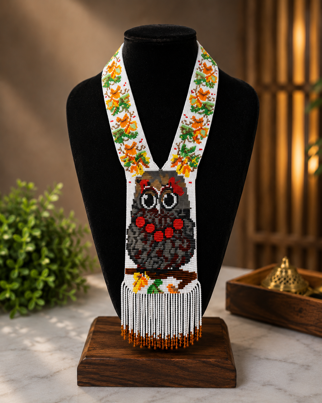 Handmade Beaded Owl Necklace: Long Statement Jewelry