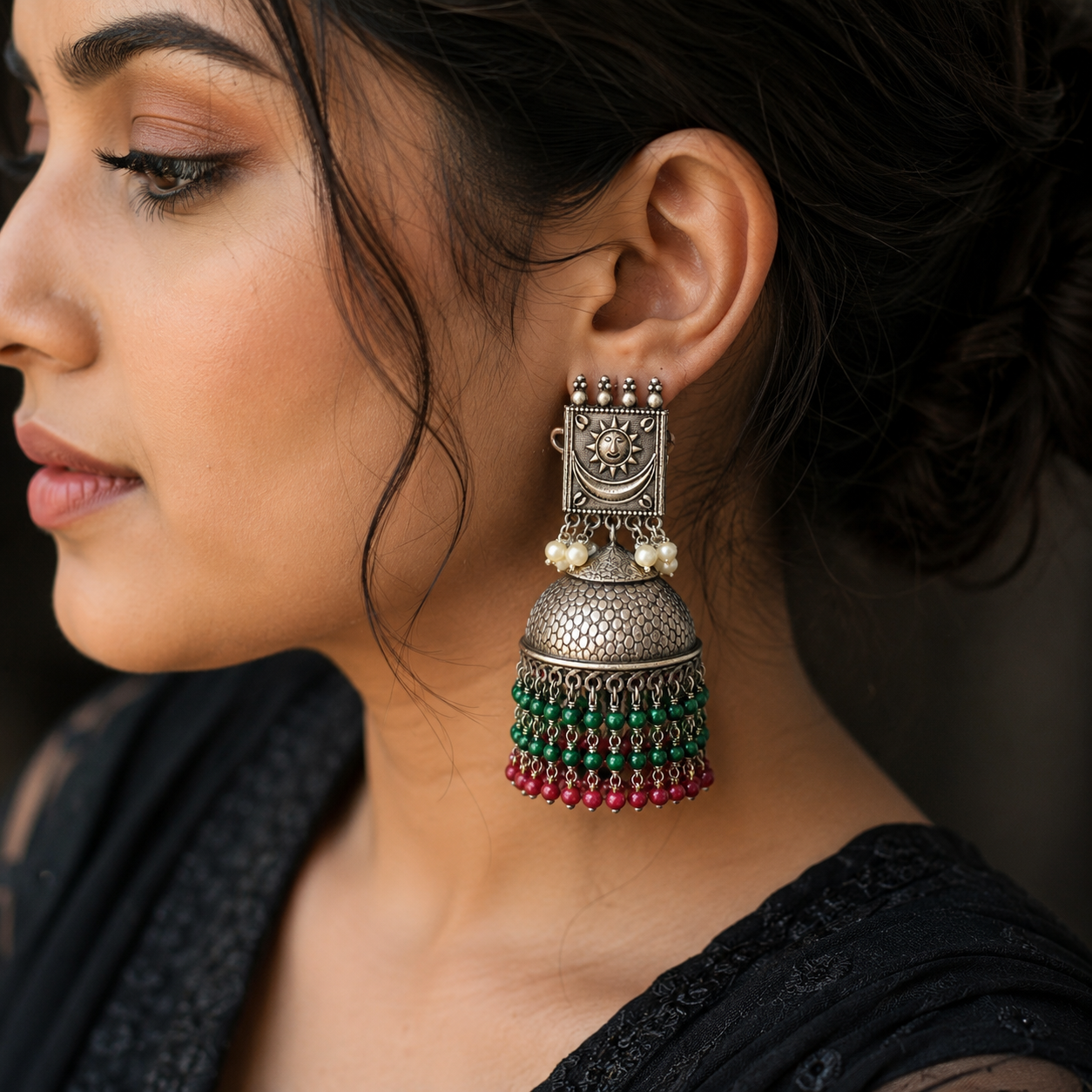 Indian Jhumka Earrings: Sun Motif, Vintage Silver Finish