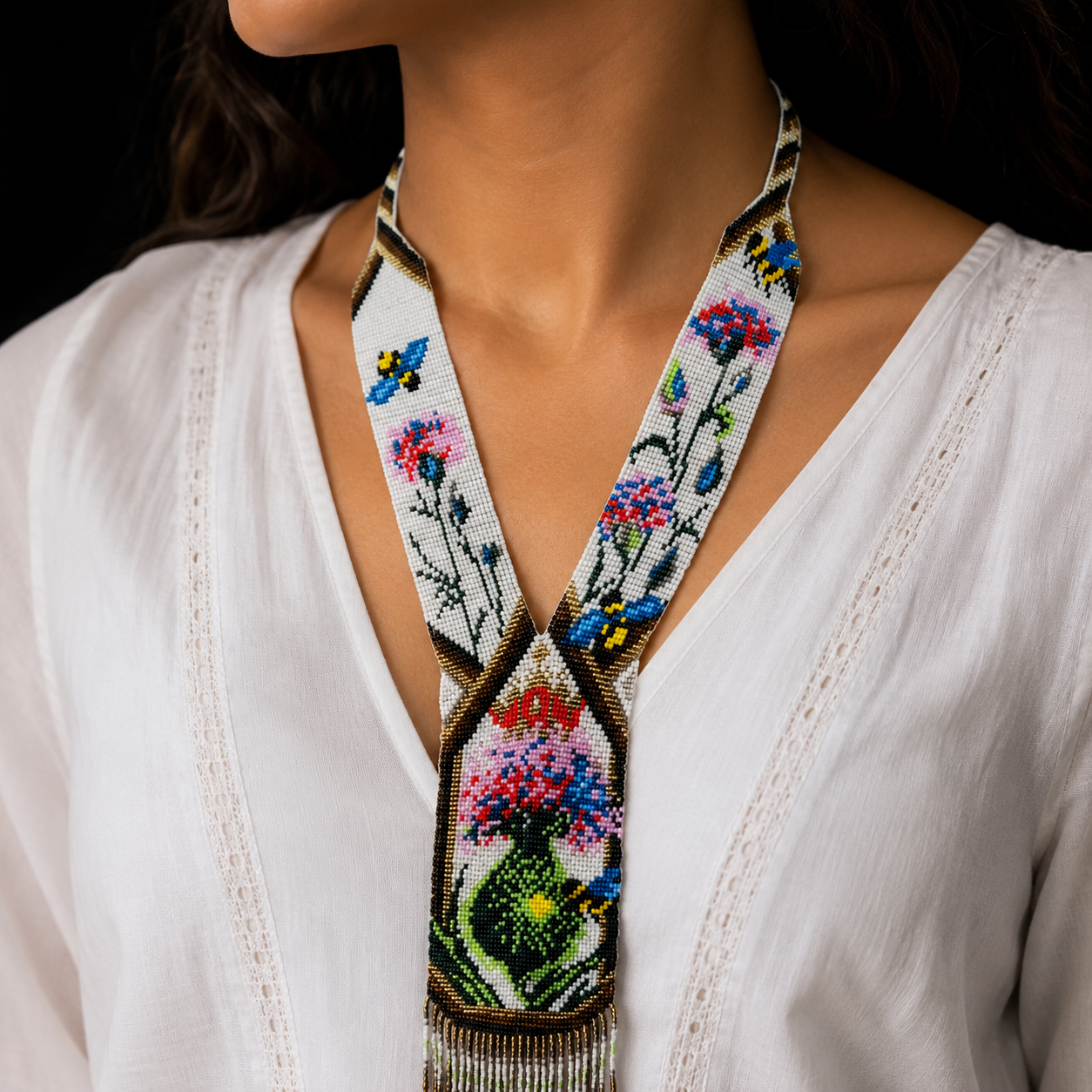 Handmade Beaded Flower Pot Necklace: Boho Floral Jewelry