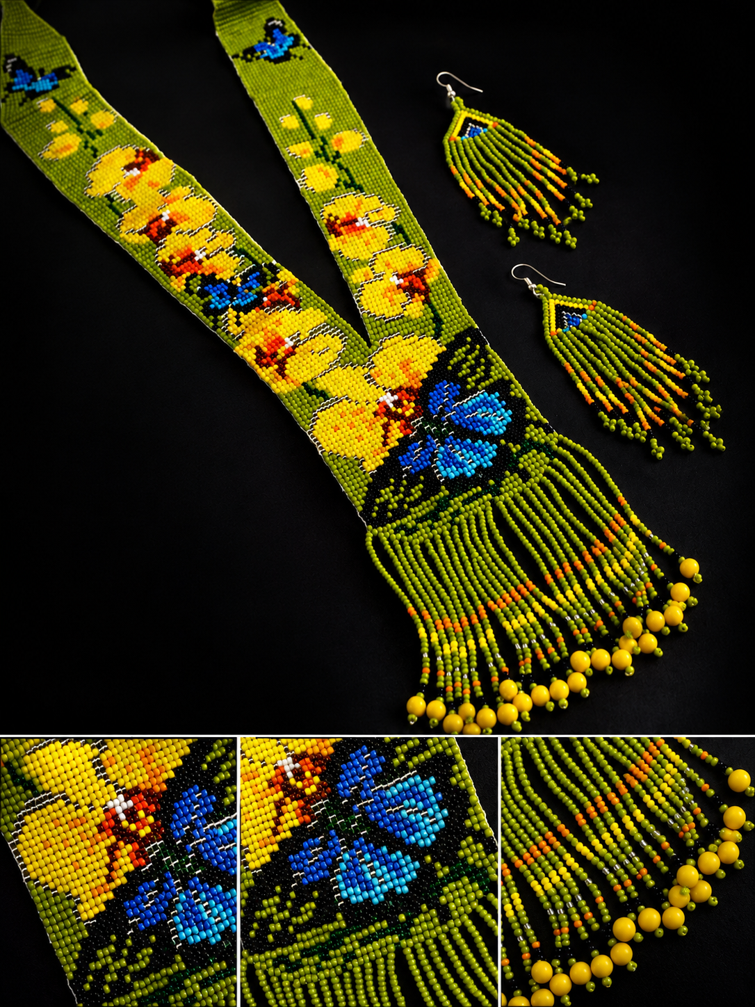 Handmade Floral Butterfly Beaded Necklace & Fringe Earrings Set | Boho Statement Jewelry | Green Seed Bead Necklace