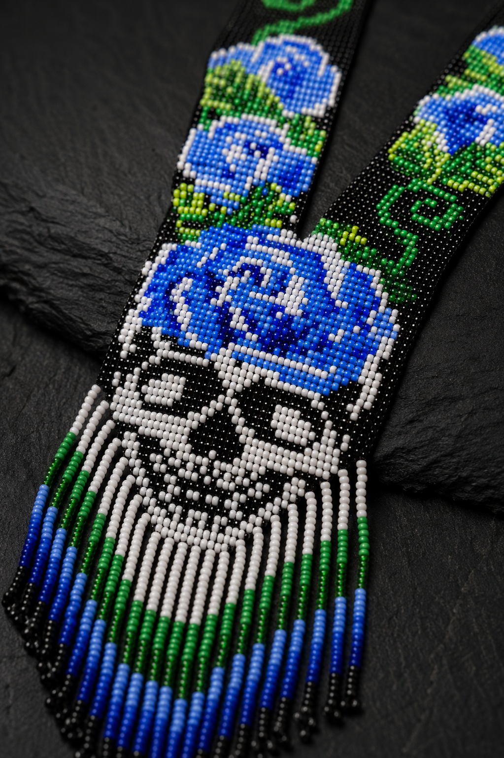 Blue Rose Skull Beaded Necklace: Gothic Statement Jewelry
