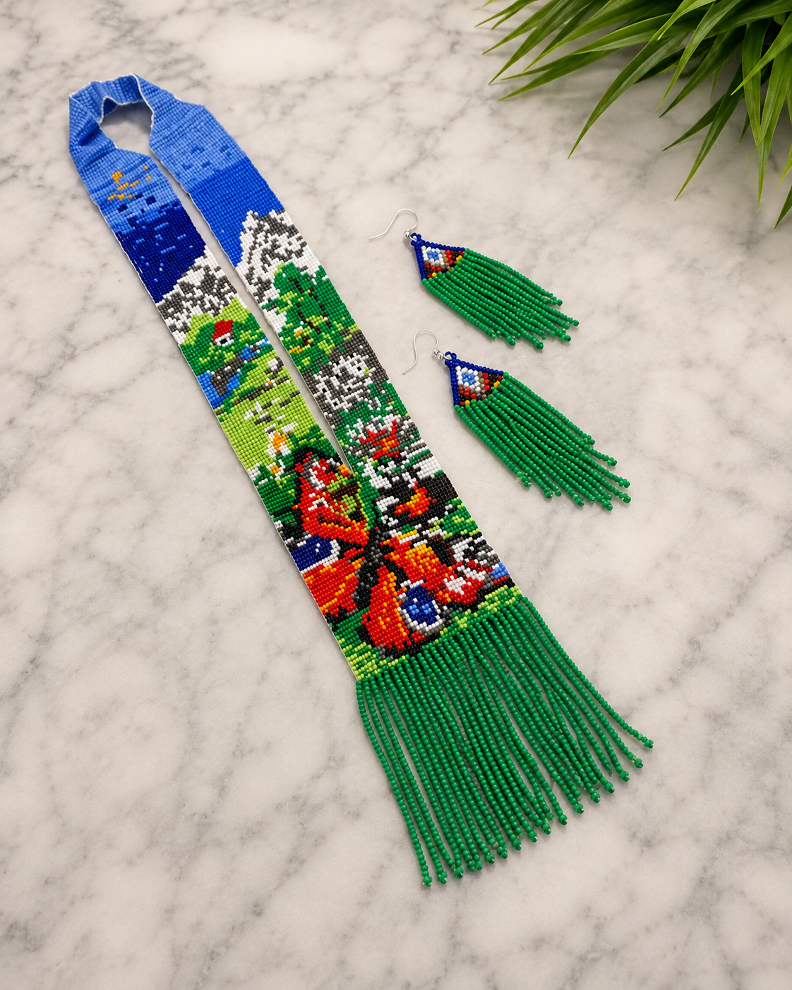 Handmade Mountain Landscape Beaded Necklace & Tassel Earrings Set