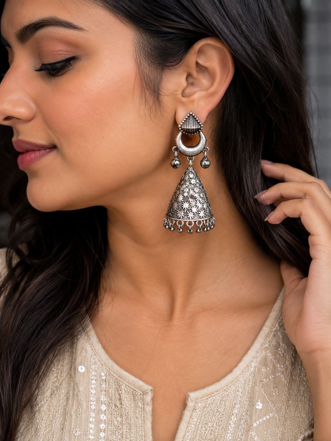 Silver Cone-Shaped Beaded Jhumki Earrings: Lightweight Boho Jewelry