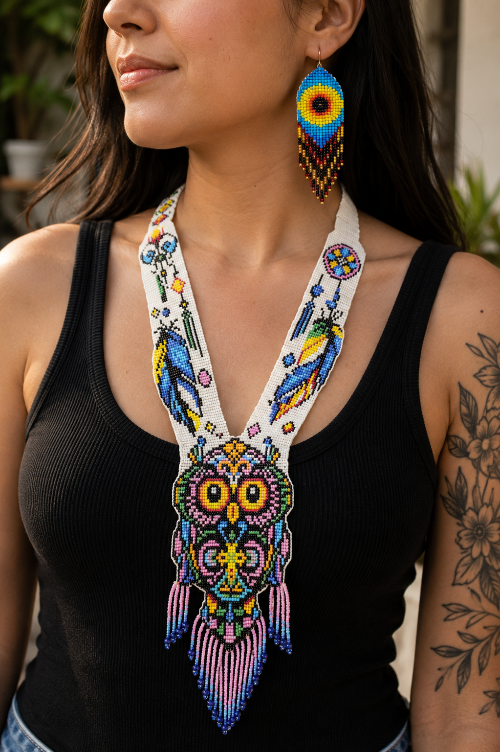 Handmade Beaded Owl Necklace: Long Statement Jewelry