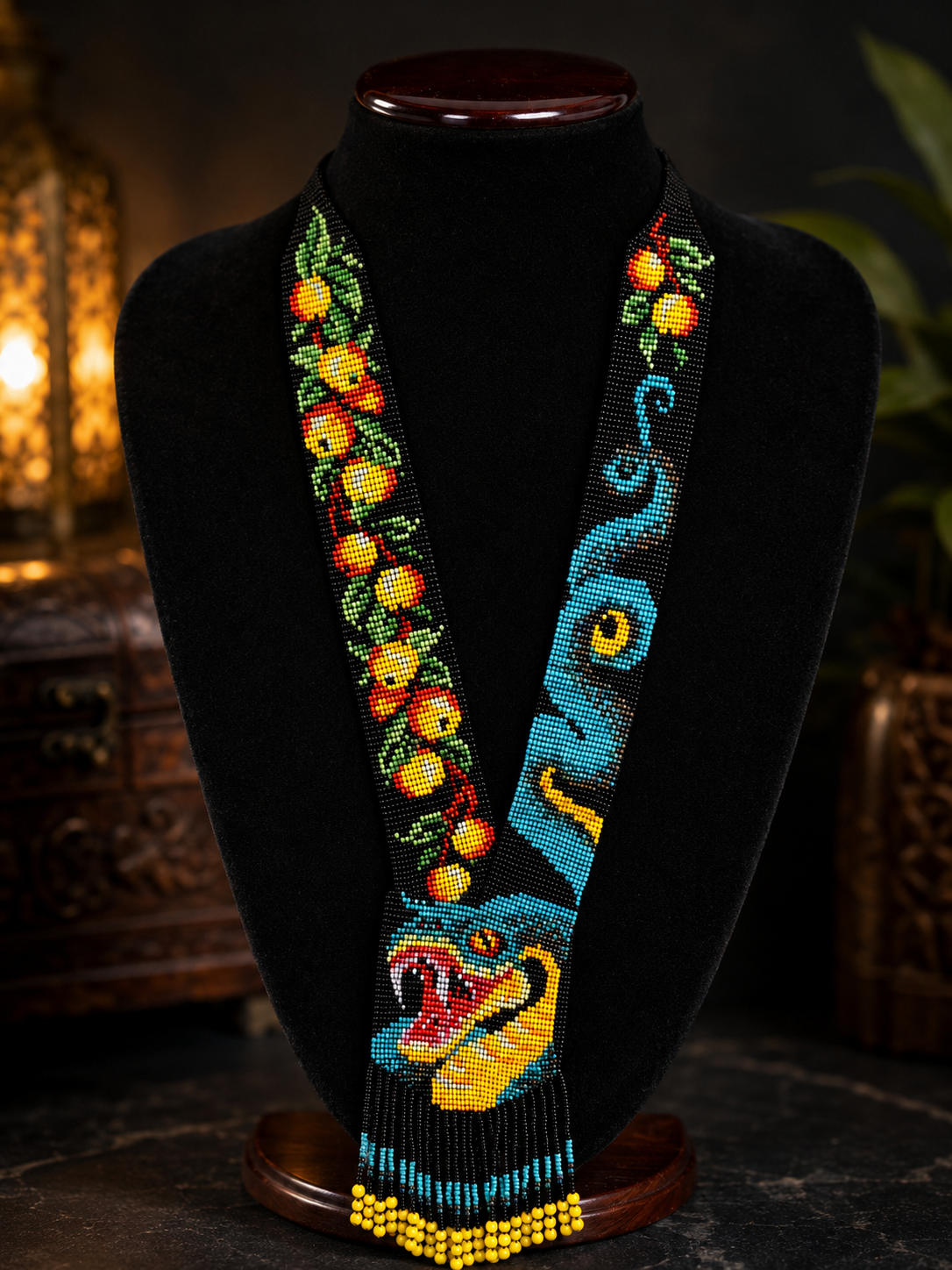 Artisan Loom Beaded Necklace with Serpent and Fruit Motifs