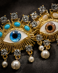 Bohemian Evil Eye Statement Earrings with Turquoise Stones & Pearl Drops