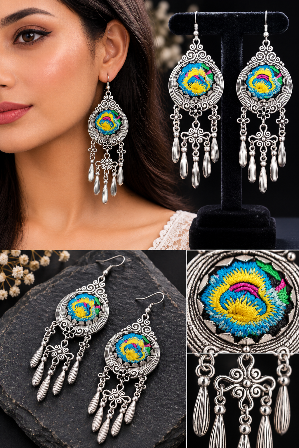 Miao Silver Dangle Earrings: Embroidered Flower, Ethnic Boho
