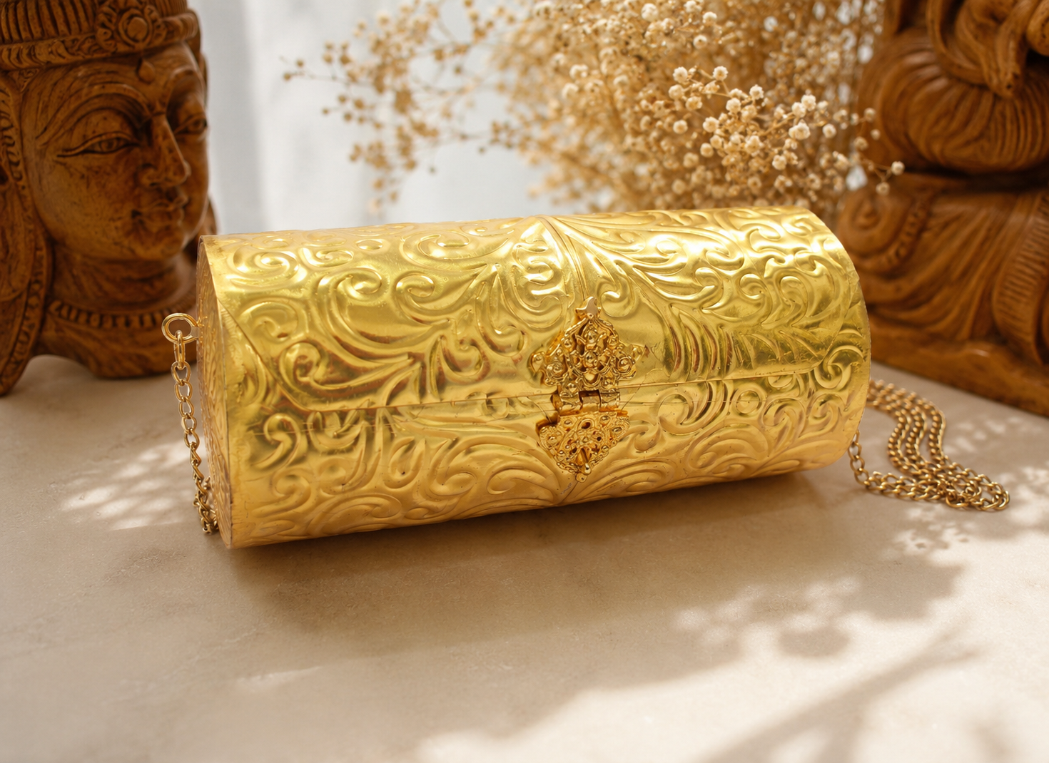 Luxury Gold Embossed Cylindrical Clutch Bag | Vintage Evening Party Purse with Chain