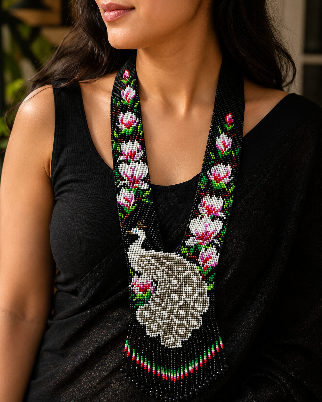 Handmade Beaded Peacock Necklace: Colorful Statement Jewelry
