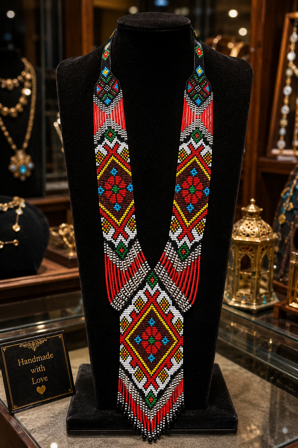 Handmade Tribal Beaded Statement Necklace – Colorful Boho Seed Bead Fringe Necklace – Ethnic Festival Jewelry – Unique Artisan Gift for Women