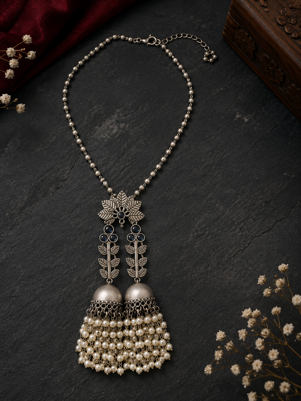 Oxidized German Silver Jhumka Necklace Set: Handcrafted Pearl Pendant