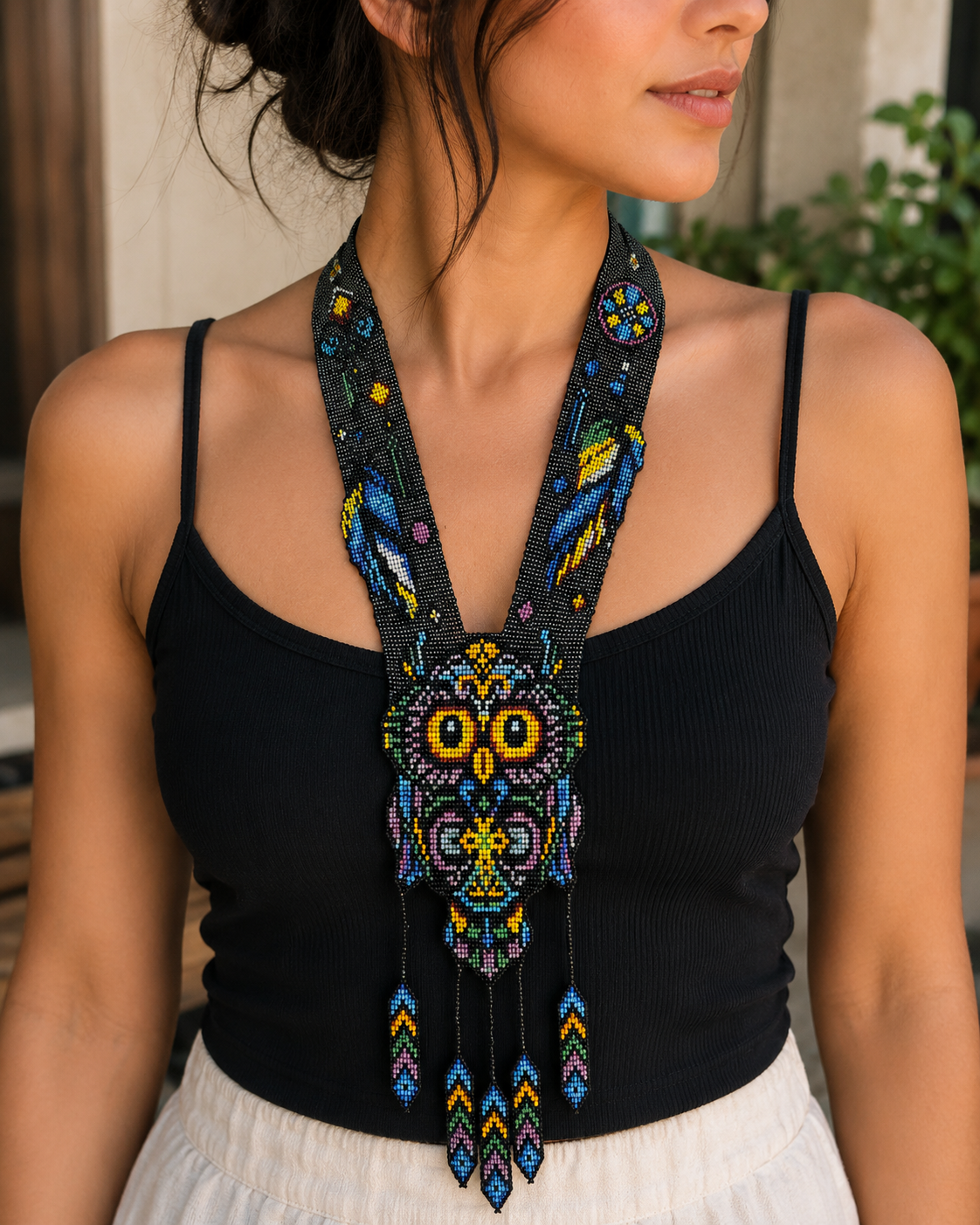 Handmade Beaded Owl Necklace: Long Statement Jewelry