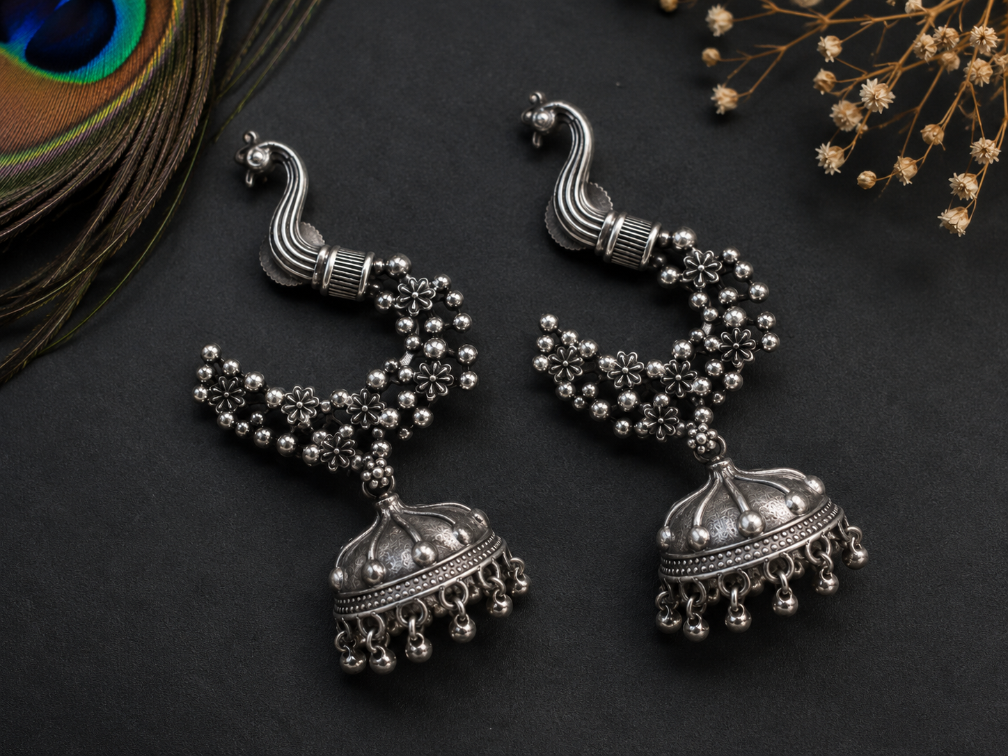 Peacock Jhumka Earrings with Ear Chains: German Silver Ethnic Jewelry