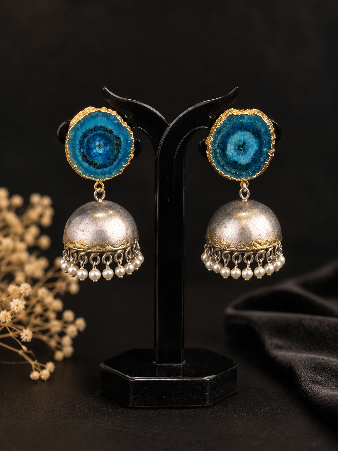 Silver Jhumki Earrings: Turquoise Druzy Stone, Indian Boho Jewelry