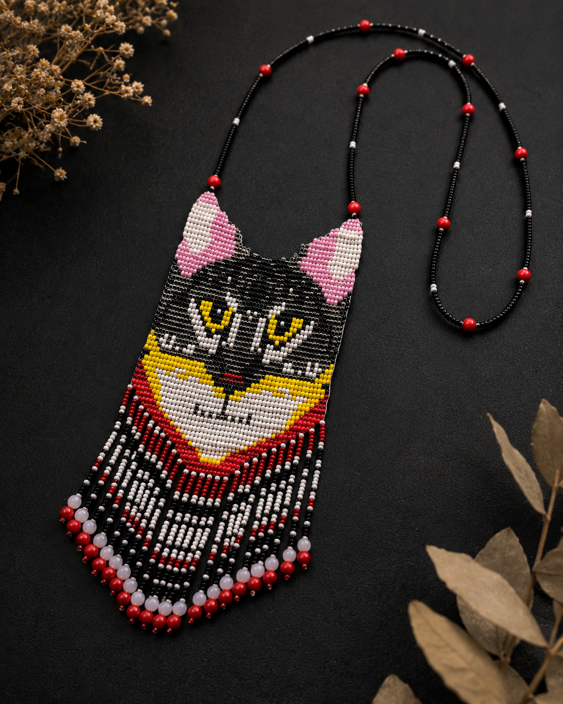 Handmade Beaded Cat Necklace: Halloween Jewelry