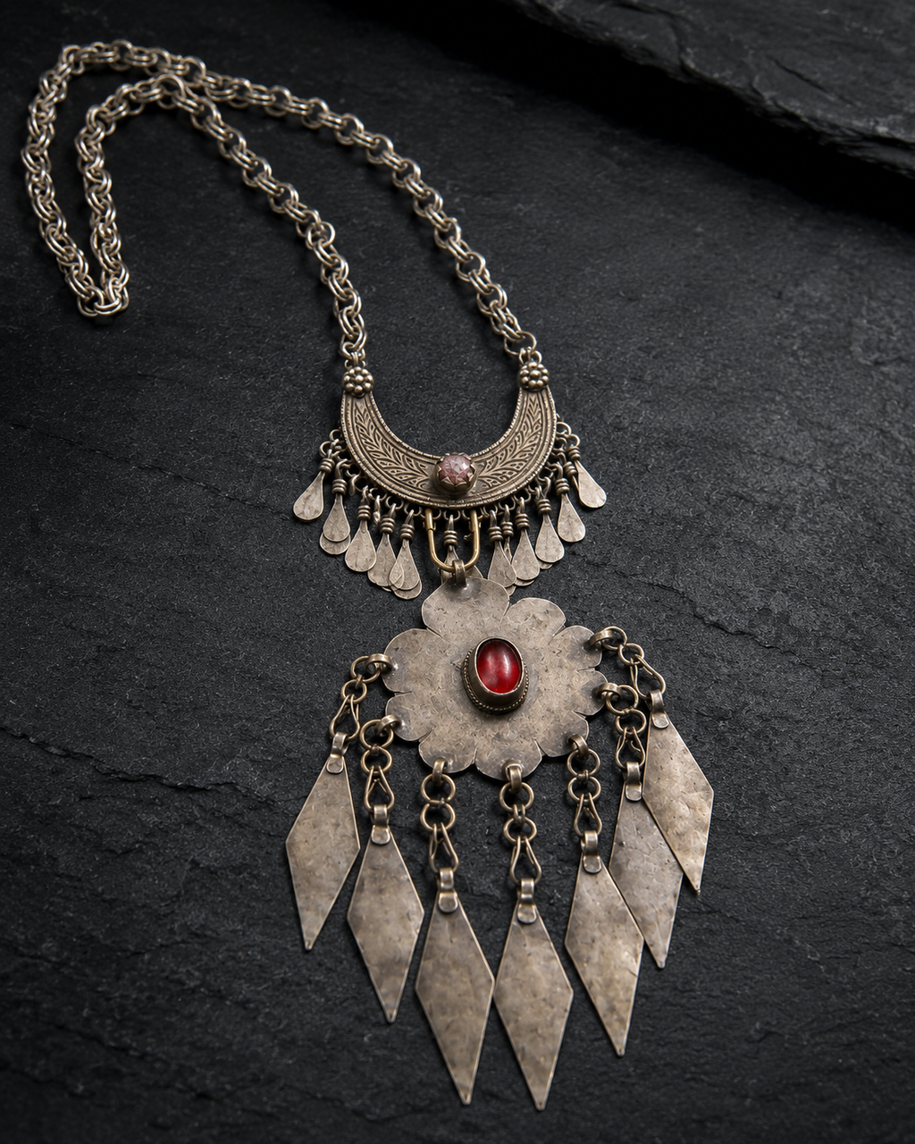 Vintage-Inspired Tribal Statement Necklace with Crimson Accents