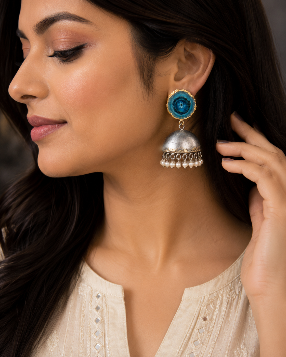 Silver Jhumki Earrings: Turquoise Druzy Stone, Indian Boho Jewelry