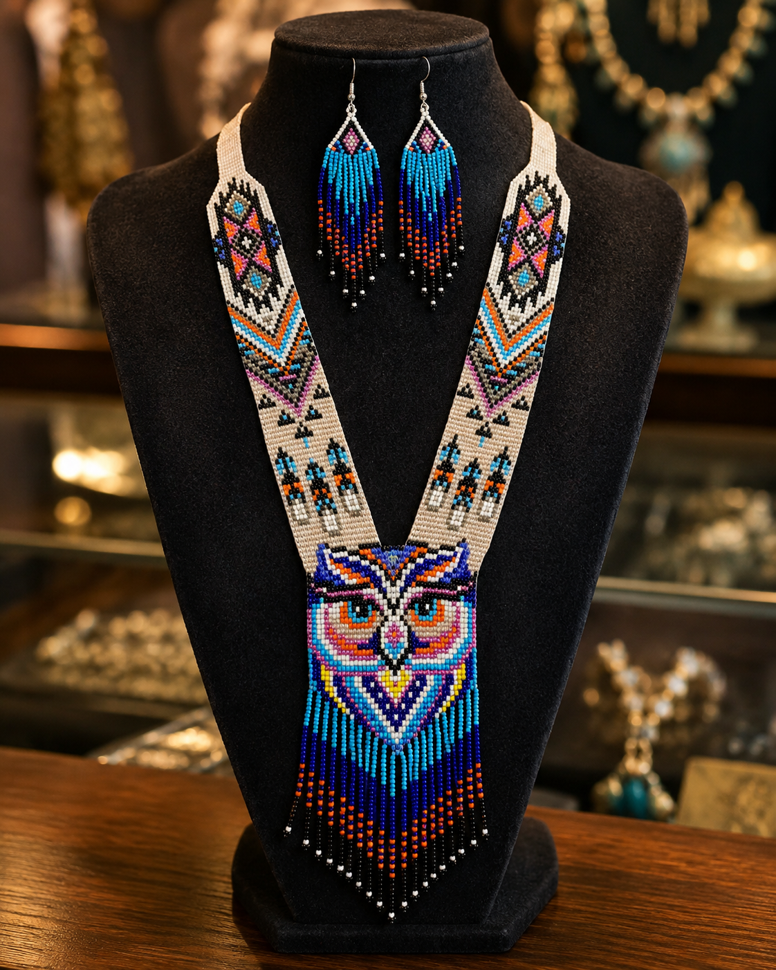 Handmade Beaded Owl Necklace & Earrings Set