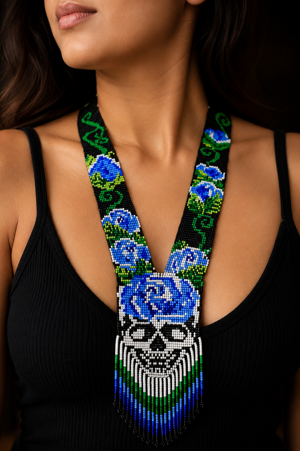 Blue Rose Skull Beaded Necklace: Gothic Statement Jewelry