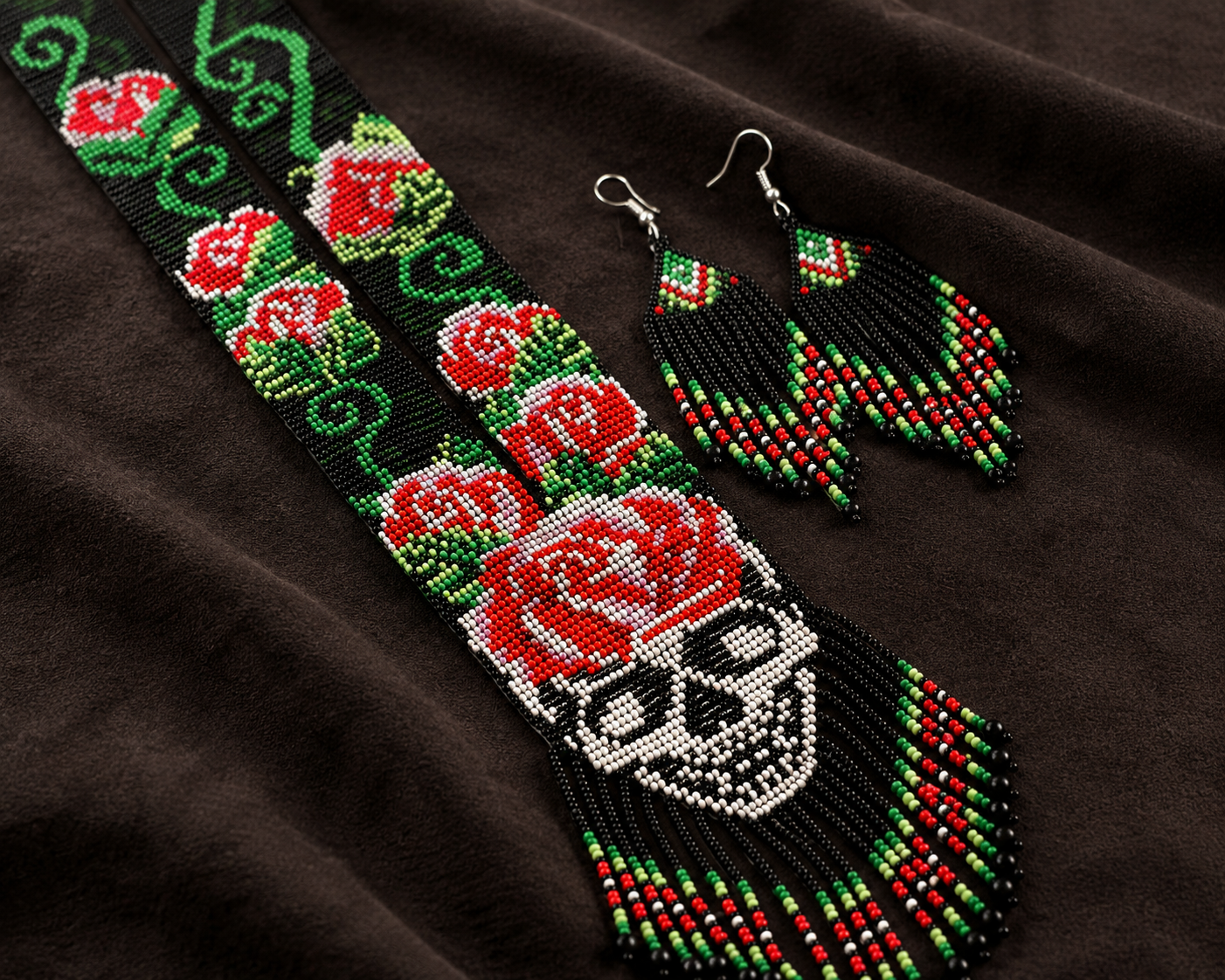 Handmade Rose Skull Beaded Necklace & Earrings Set