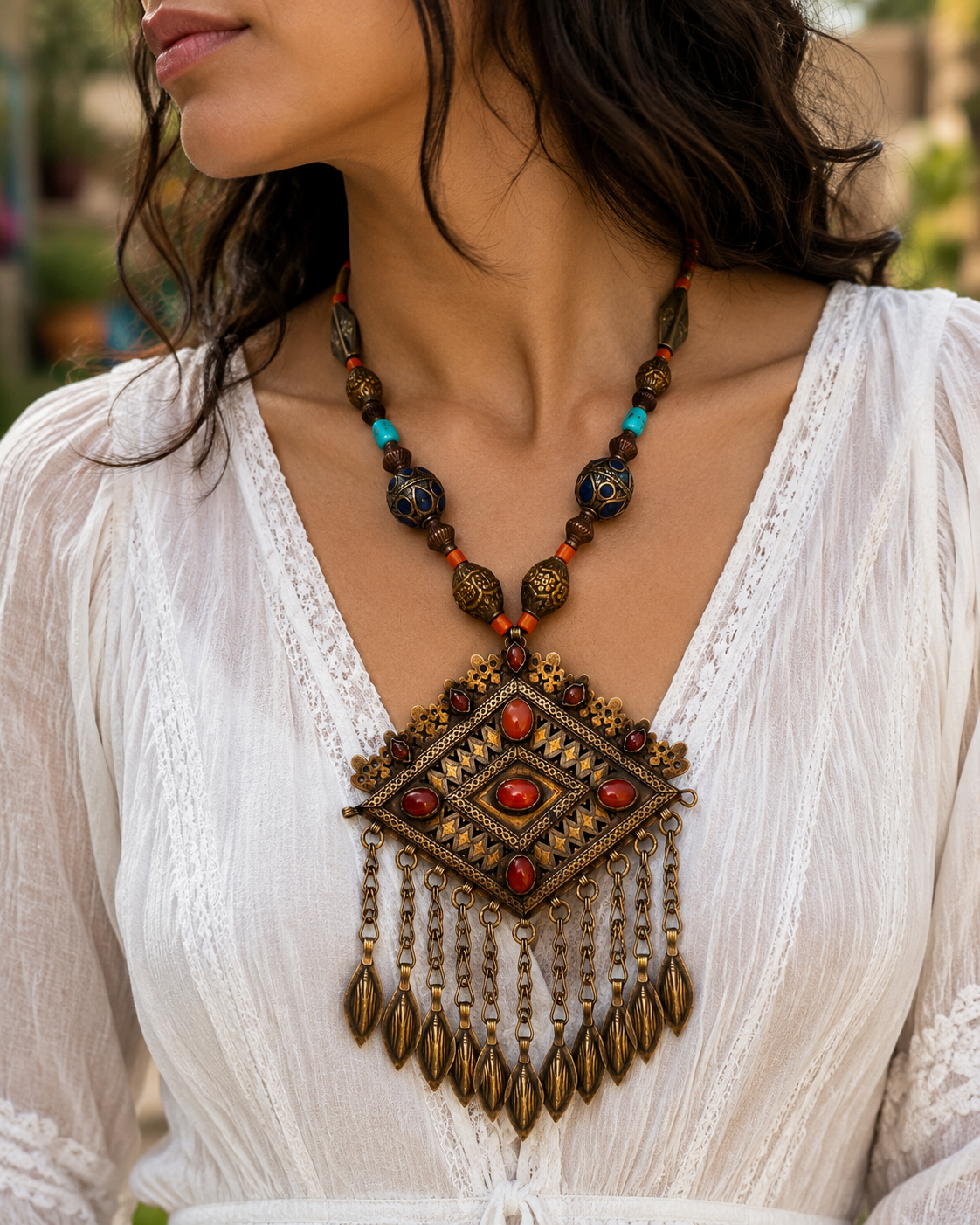 Vintage Turkmen Necklace: Silver, Carnelian & Lapis Lazuli