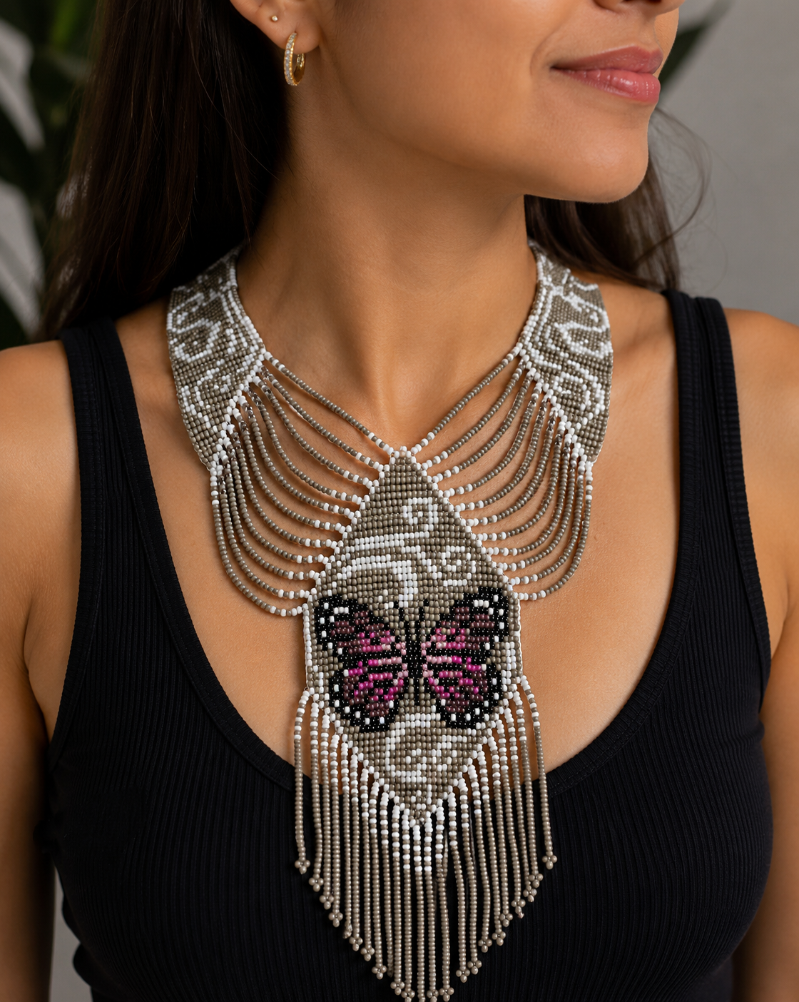 Handmade Beaded Butterfly Necklace: Boho Floral Jewelry