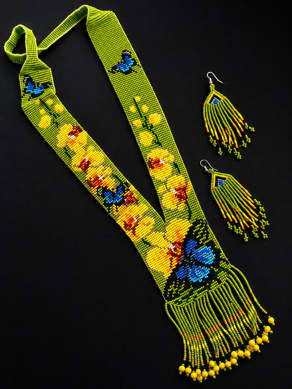 Handmade Floral Butterfly Beaded Necklace & Fringe Earrings Set | Boho Statement Jewelry | Green Seed Bead Necklace