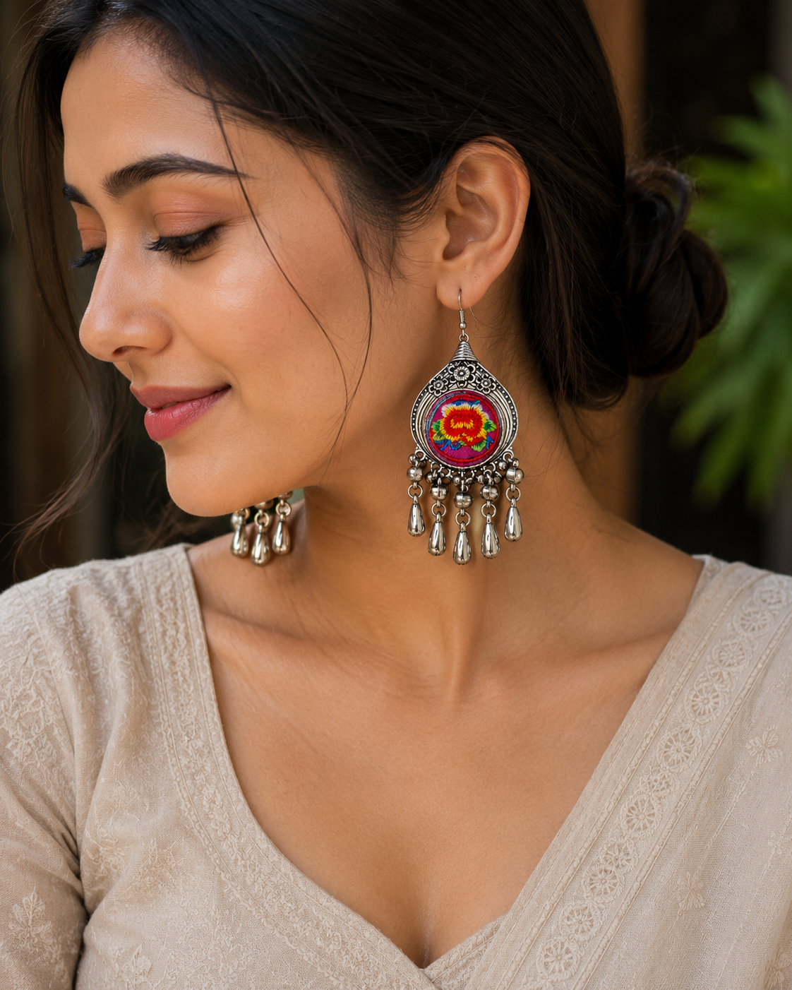 Miao Silver Flower Embroidery Earrings: Hmong Ethnic Dangle Earrings