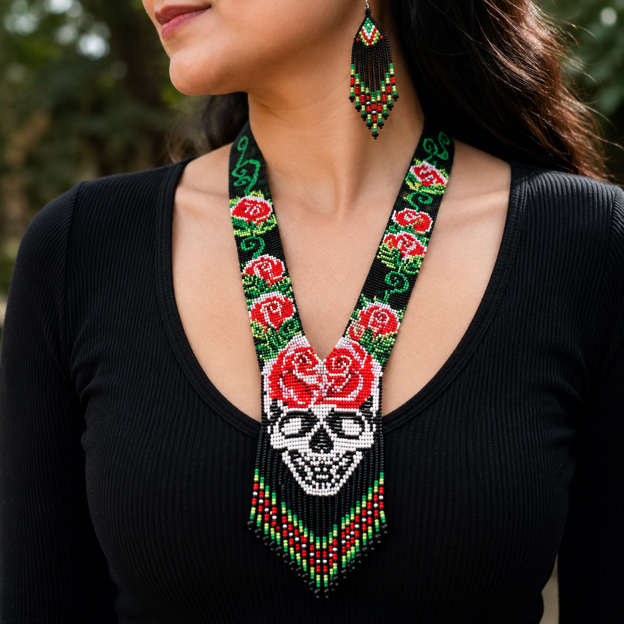Handmade Rose Skull Beaded Necklace & Earrings Set