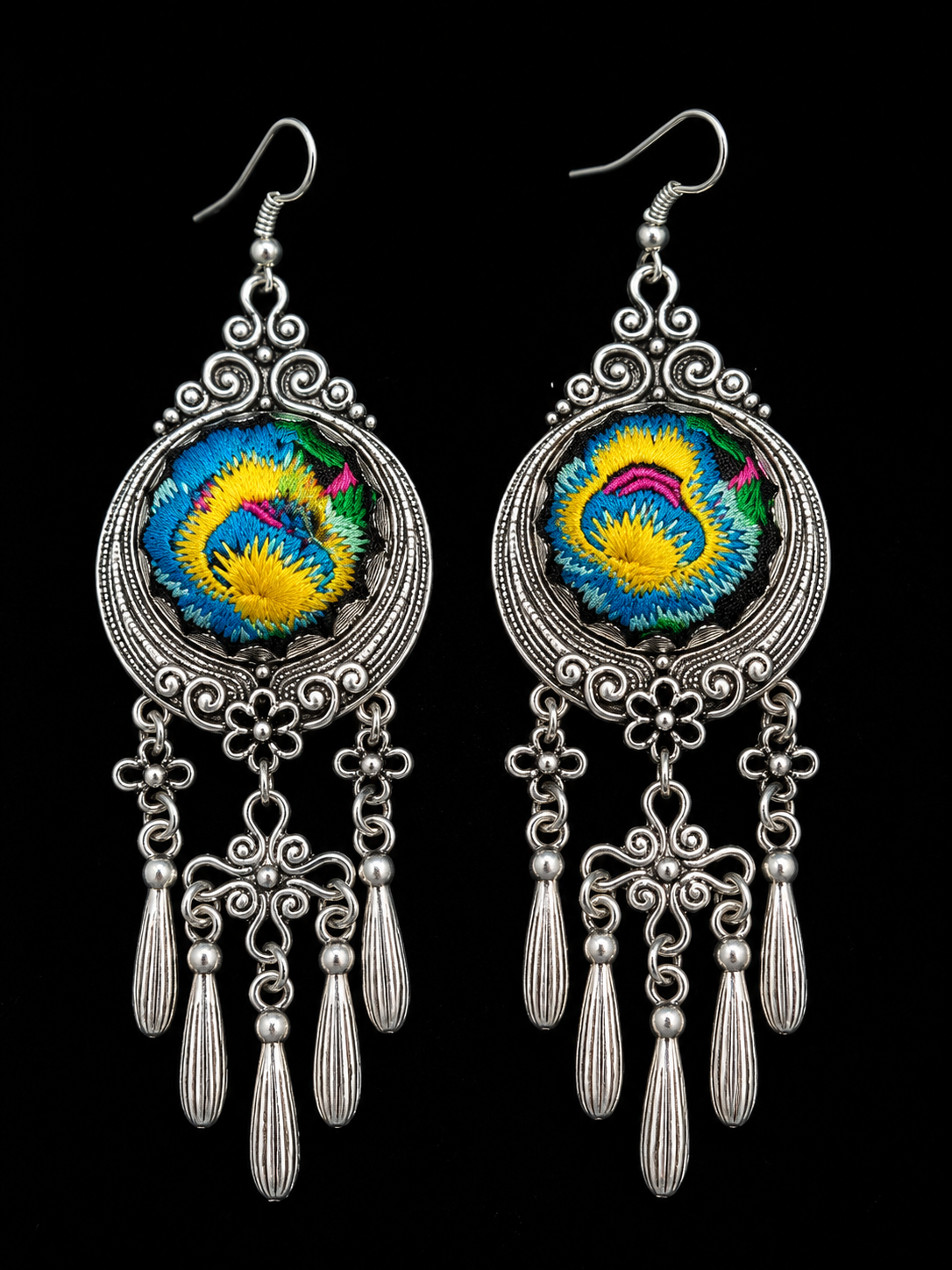 Miao Silver Dangle Earrings: Embroidered Flower, Ethnic Boho