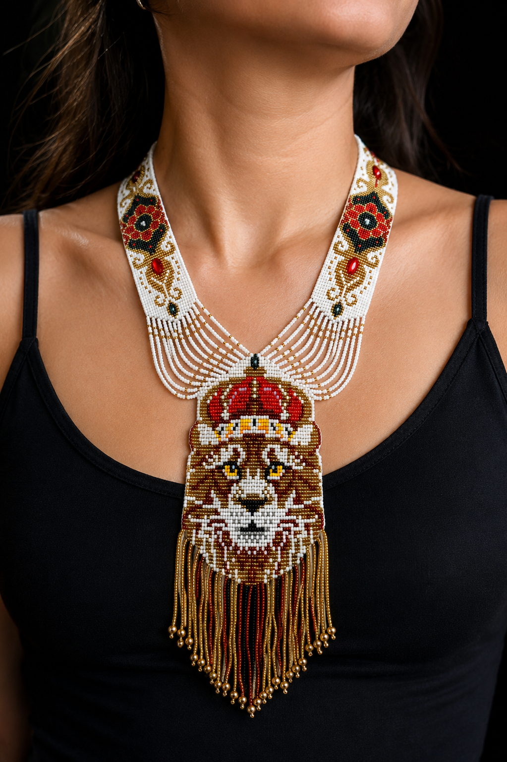 Handmade Royal Lion Beaded Necklace: Ethnic Woven Gerdan