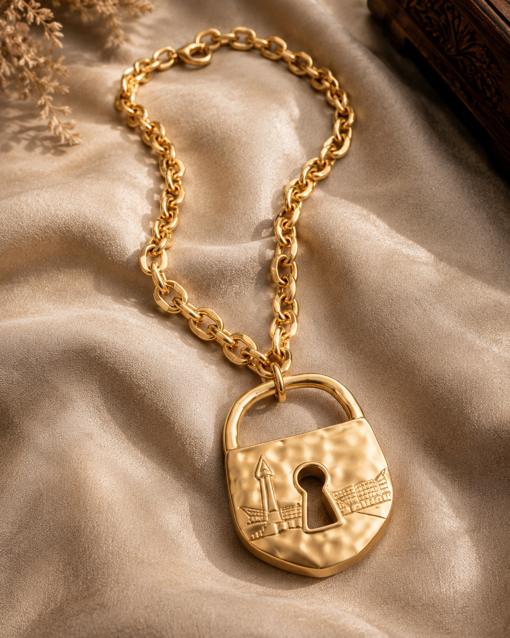 Vintage Gold Padlock Statement Necklace – Engraved Lighthouse & Keyhole Chunky Chain Pendant